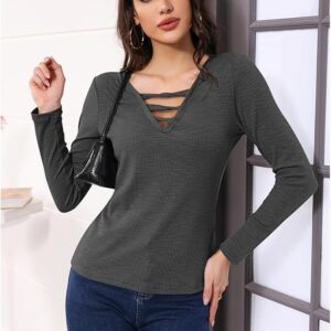 Poetsky Women's Fall Long Sleeve Tunic Tops Sexy V Neck Shirts Casual Criss Cross Ribbed Knit Tee Slim Fitted Blouse